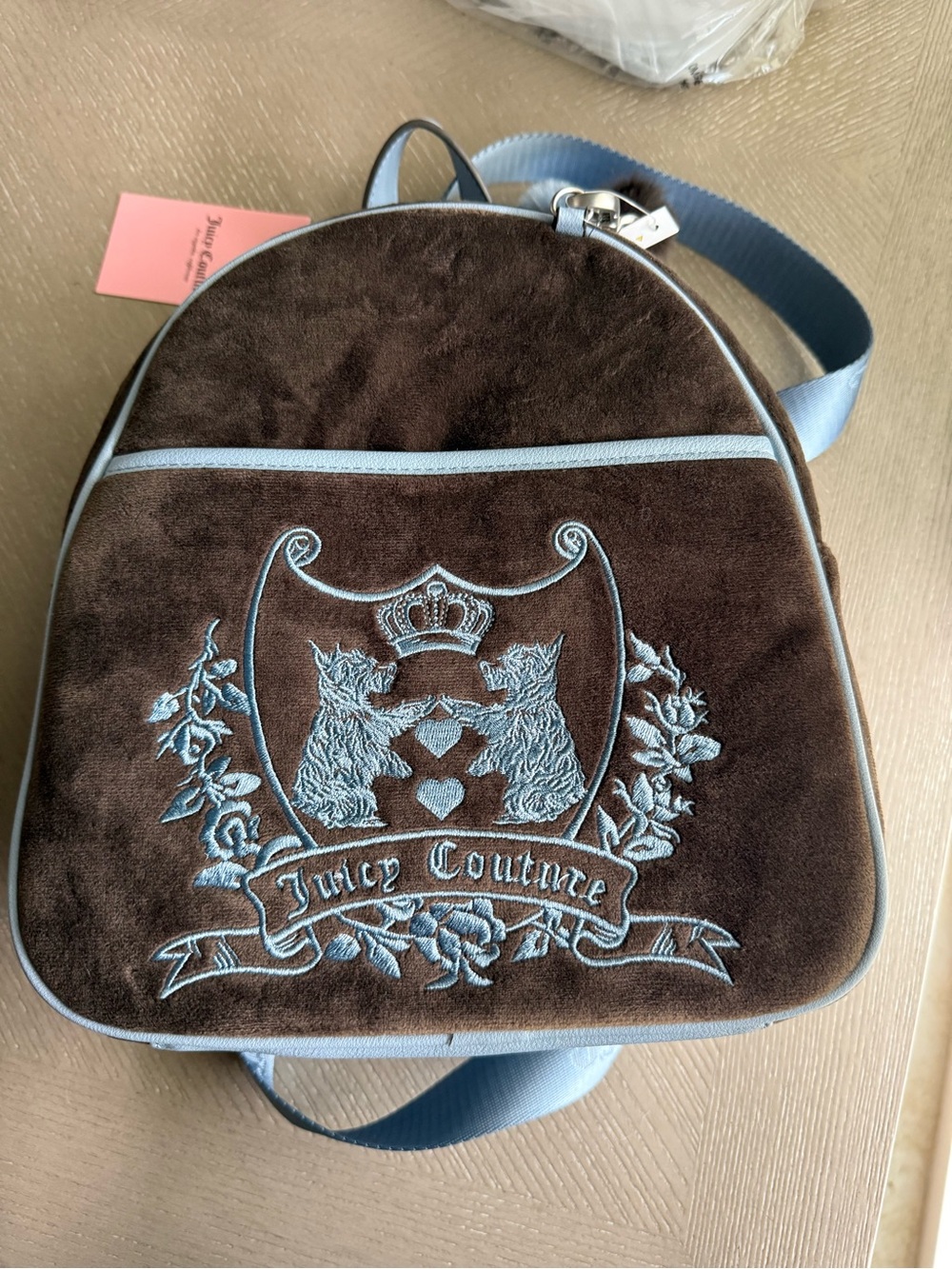 Juicy Couture Brown Suede Mini Backpack with Light Blue Embroidered Crest